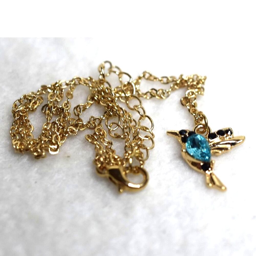 Hummingbird Lovers Stunning Blue Crystal Gold Tone 16" Glam Y2k Necklace